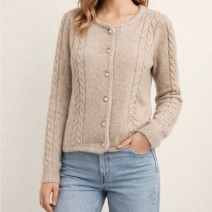 JOIE Cable Knit Gold Pearl Button Cardigan Sweater Beige Taupe Size Large NWOT